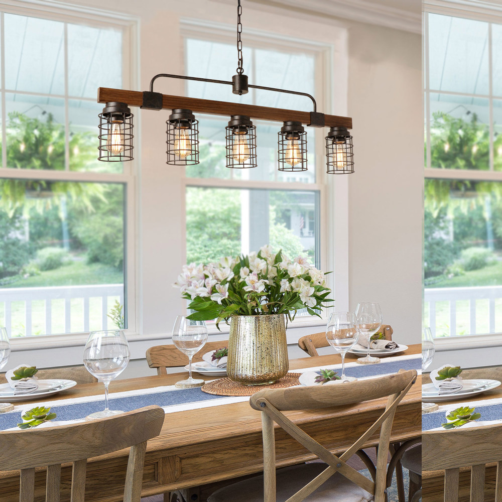 Anmytek Industrial Linear Kitchen Island Light, 5-Light Farmhouse Chandelier with Rustic Metal Mesh Cage, Pendant Lighting Fixture for Kitchen Island Dining Room Pool Table Living Room