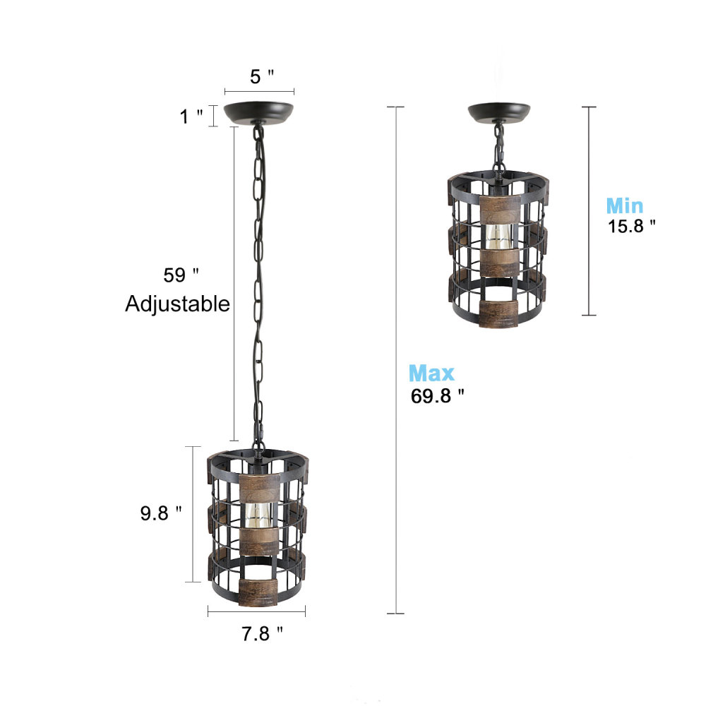 Anmytek Farmhouse Kitchen Pendant Light 7.8" Circular Industrial Mesh Cage Rustic Chandelier Ceiling Lighting Fixture, Brown Wood