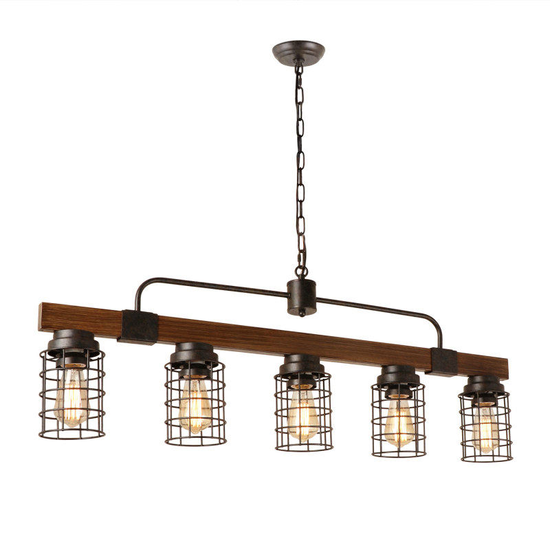 Anmytek Industrial Linear Kitchen Island Light, 5-Light Farmhouse Chandelier with Rustic Metal Mesh Cage, Pendant Lighting Fixture for Kitchen Island Dining Room Pool Table Living Room