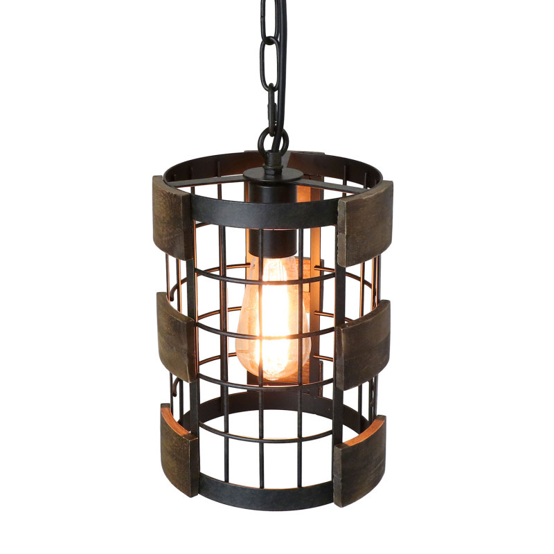 Anmytek Farmhouse Kitchen Pendant Light 7.8" Circular Industrial Mesh Cage Rustic Chandelier Ceiling Lighting Fixture, Brown Wood