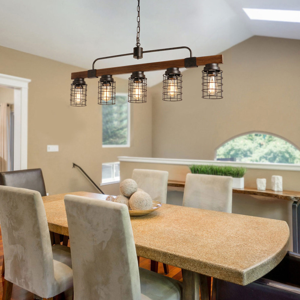 Anmytek Industrial Linear Kitchen Island Light, 5-Light Farmhouse Chandelier with Rustic Metal Mesh Cage, Pendant Lighting Fixture for Kitchen Island Dining Room Pool Table Living Room