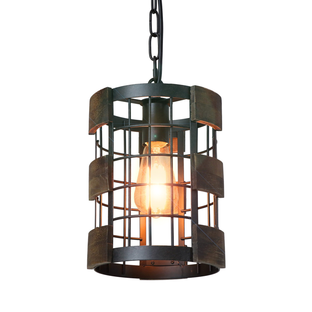 Anmytek Farmhouse Kitchen Pendant Light 7.8" Circular Industrial Mesh Cage Rustic Chandelier Ceiling Lighting Fixture, Brown Wood