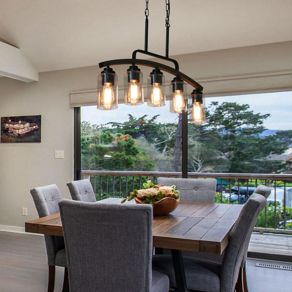 Anmytek 5-Light Modern Arched Kitchen Island Light, 27" Farmhouse Linear Pendant Lighting for Dining Room Pool Table Oil Rubbed Bronze with Seeded Glass Shade
