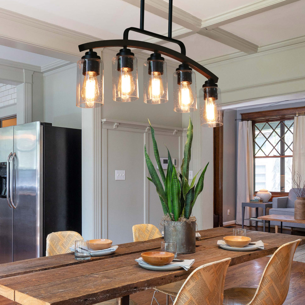Anmytek 5-Light Modern Arched Kitchen Island Light, 27" Farmhouse Linear Pendant Lighting for Dining Room Pool Table Oil Rubbed Bronze with Seeded Glass Shade