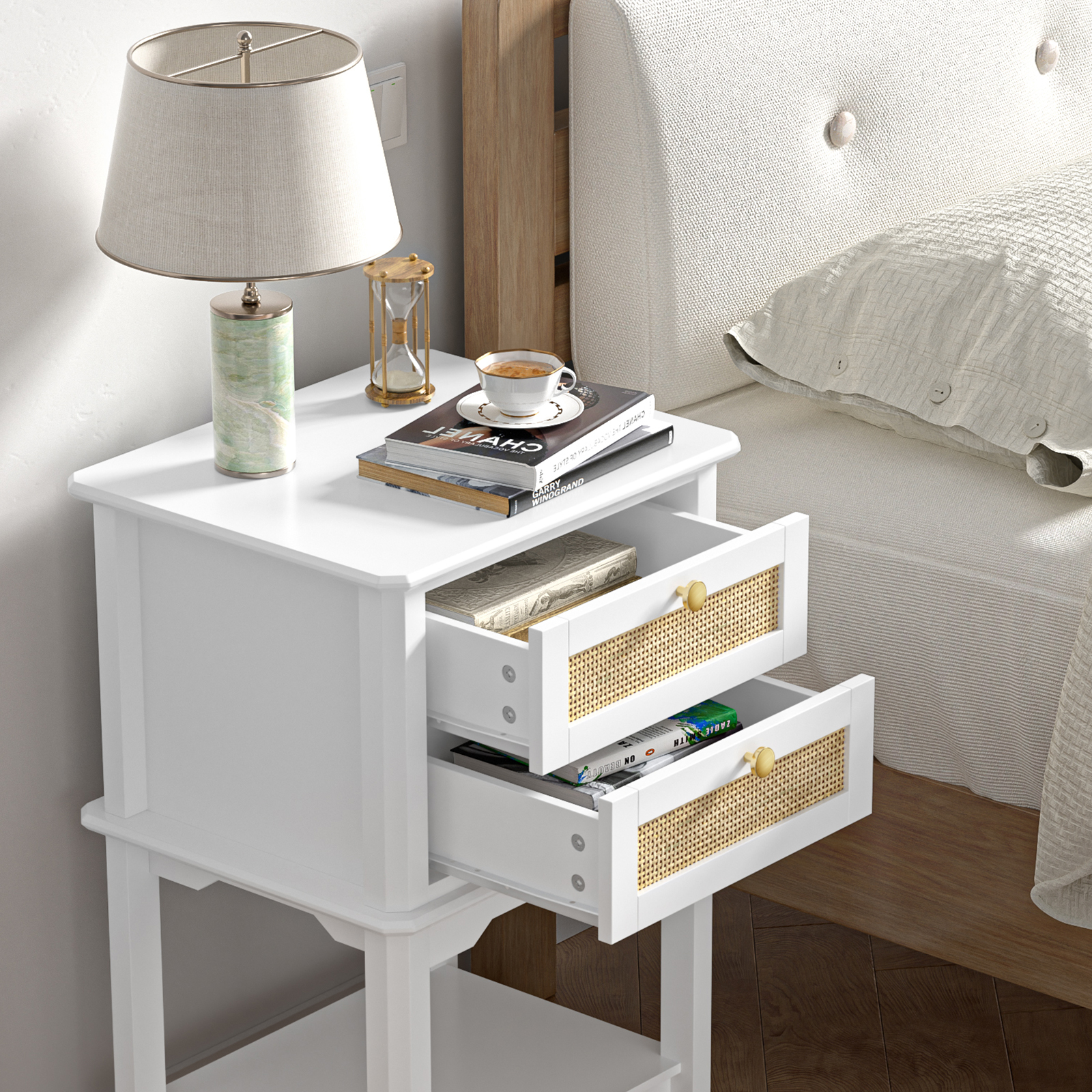 Anmytek Farmhouse Night Stand, Wood Bedside Table with 2 Drawers, Natural Rattan Nightstand, White End Side Table, Night Stand Cabinet for Living Room Bedroom