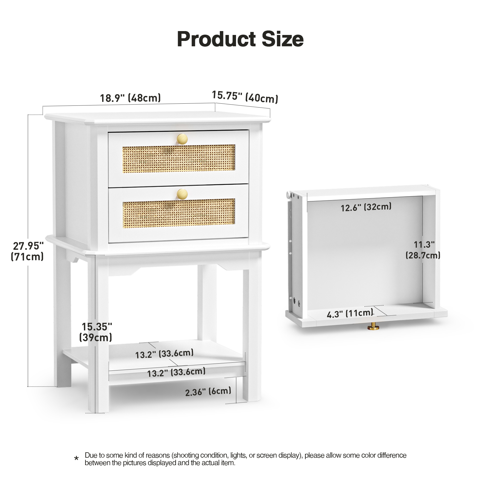 Anmytek Farmhouse Night Stand, Wood Bedside Table with 2 Drawers, Natural Rattan Nightstand, White End Side Table, Night Stand Cabinet for Living Room Bedroom