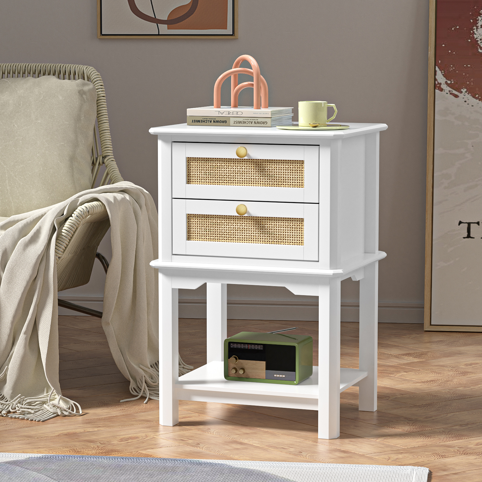 Anmytek Farmhouse Night Stand, Wood Bedside Table with 2 Drawers, Natural Rattan Nightstand, White End Side Table, Night Stand Cabinet for Living Room Bedroom