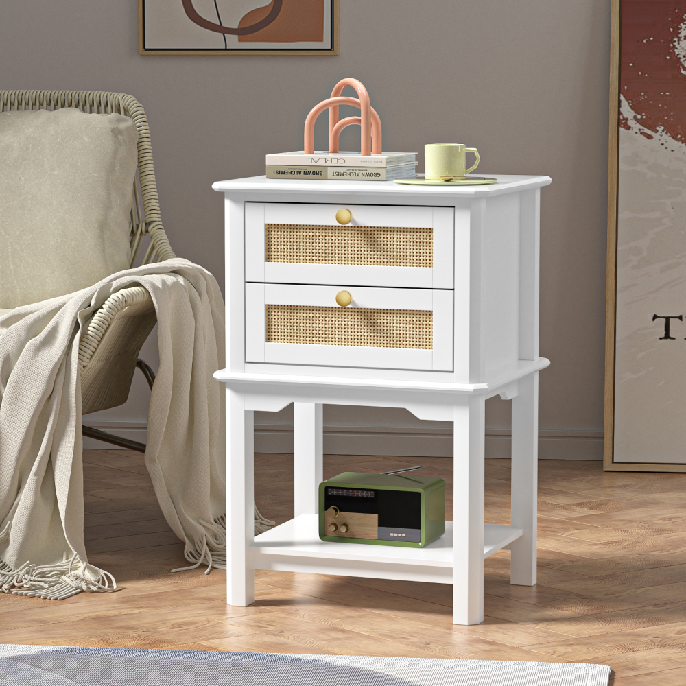Anmytek Farmhouse Night Stand, Wood Bedside Table with 2 Drawers, Natural Rattan Nightstand, White End Side Table, Night Stand Cabinet for Living Room Bedroom