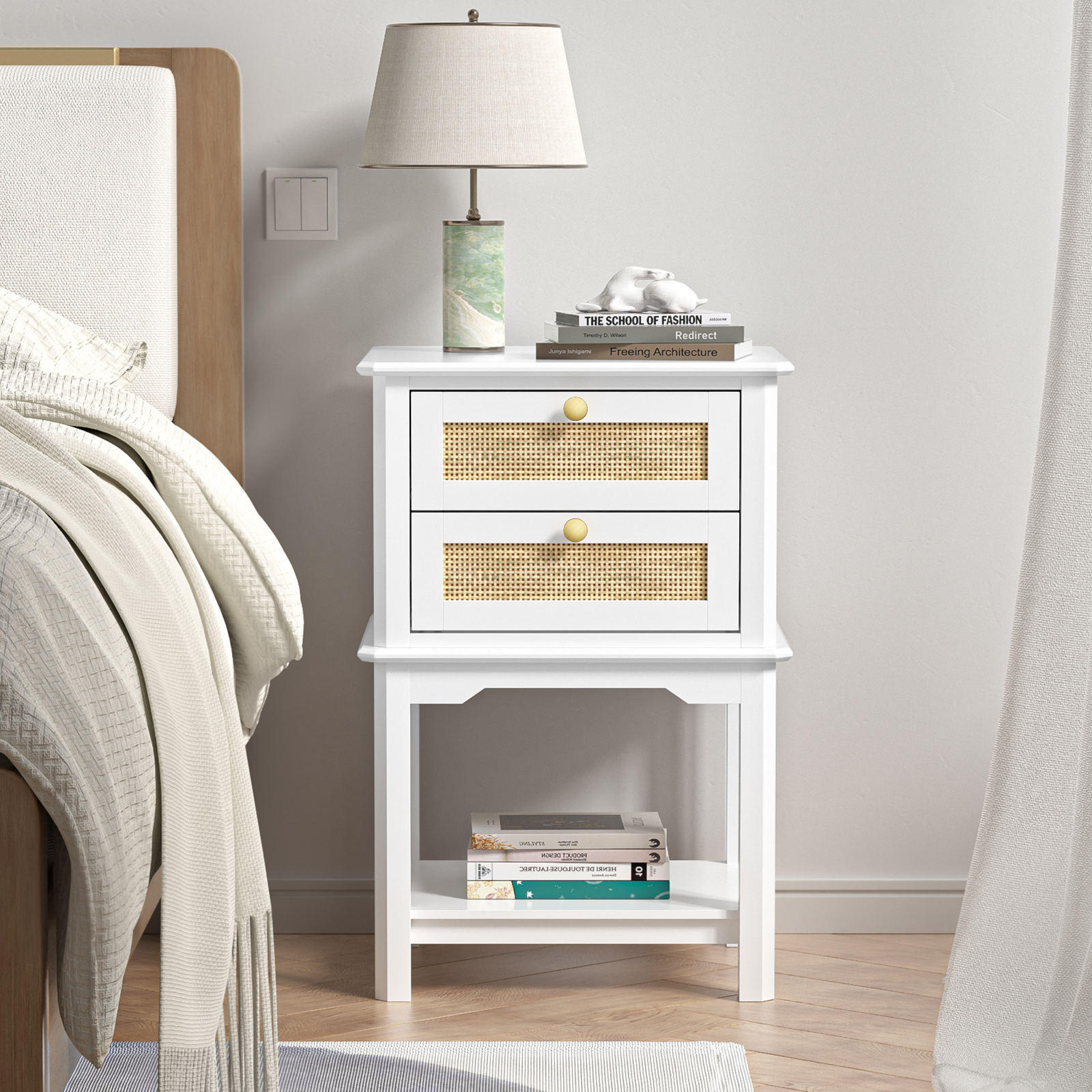 Anmytek Farmhouse Night Stand, Wood Bedside Table with 2 Drawers, Natural Rattan Nightstand, White End Side Table, Night Stand Cabinet for Living Room Bedroom