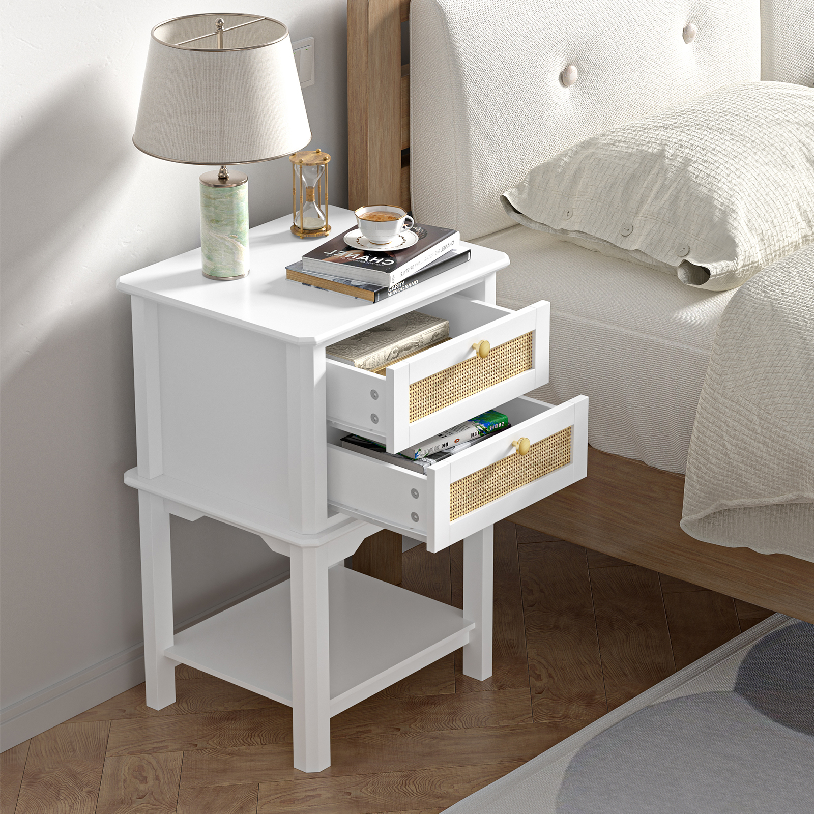 Anmytek Farmhouse Night Stand, Wood Bedside Table with 2 Drawers, Natural Rattan Nightstand, White End Side Table, Night Stand Cabinet for Living Room Bedroom