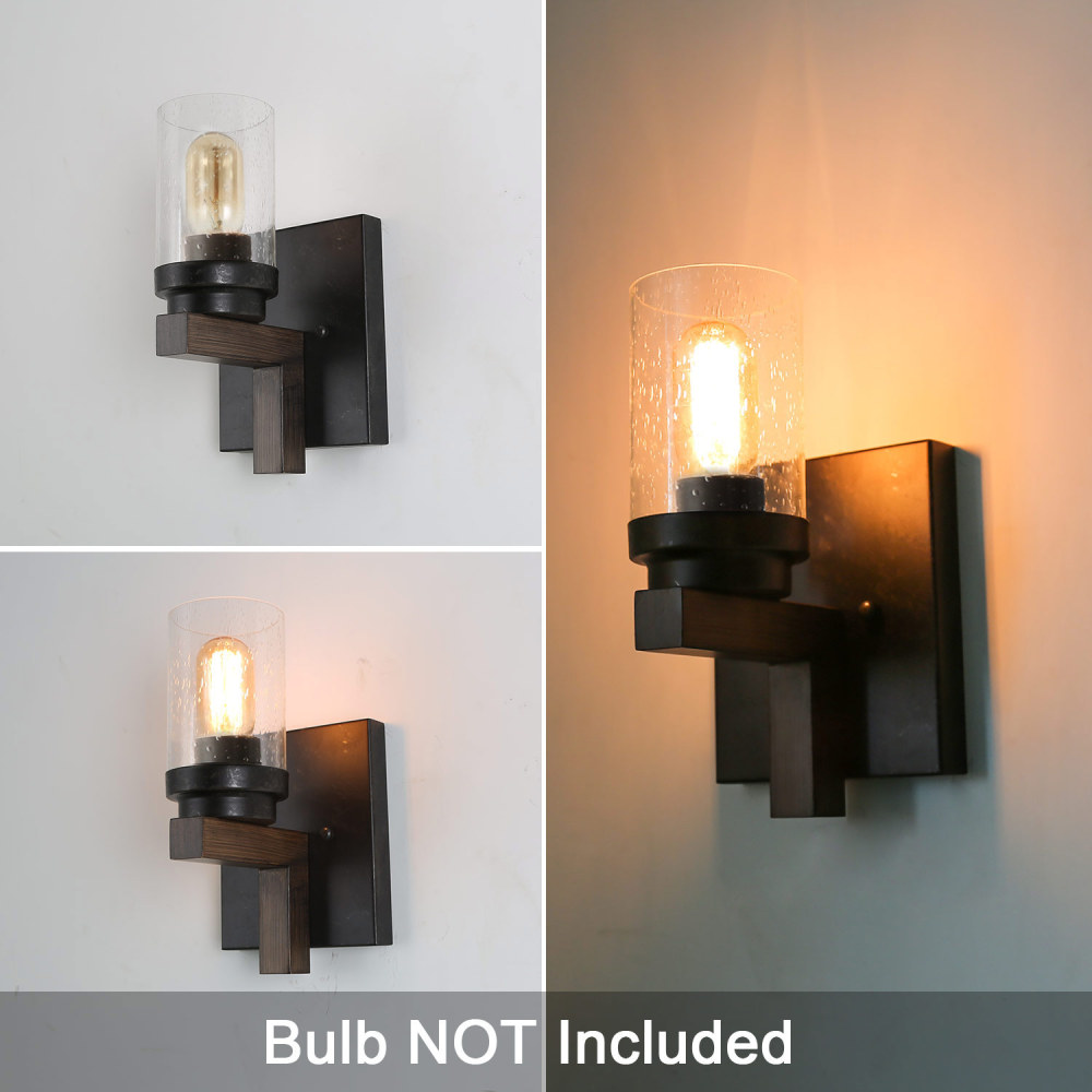 Anmytek Rustic Style Bathroom Lighting Metal Wall Sconce with Seeded Glass Shade, Industrial Wall Light Log Cabin Home Retro Edison Sconce Lighting Fixtures 2-Lights, Black