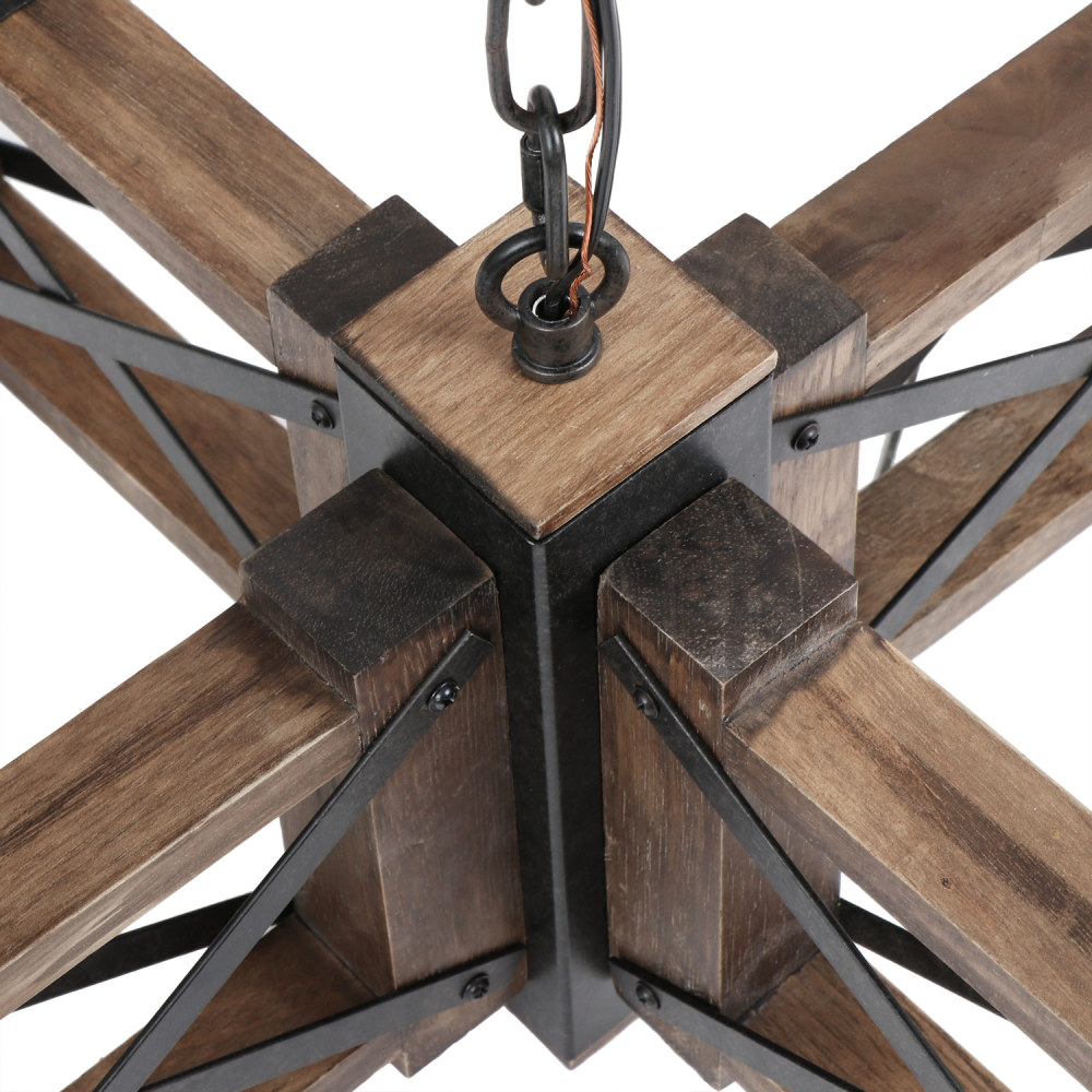 Anmytek Wood Farmhouse Rustic Chandelier 4 Lights with Glass Shades, 22.8 inches Industrial Dinning Table Pendant Lamp Vintage Edison Hanging Light Fixture, Brown & Black