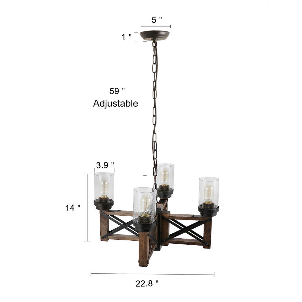 Anmytek Wood Farmhouse Rustic Chandelier 4 Lights with Glass Shades, 22.8 inches Industrial Dinning Table Pendant Lamp Vintage Edison Hanging Light Fixture, Brown & Black