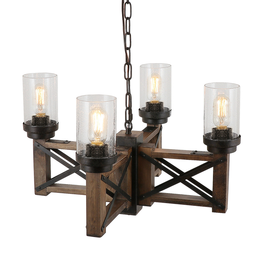 Anmytek Wood Farmhouse Rustic Chandelier 4 Lights with Glass Shades, 22.8 inches Industrial Dinning Table Pendant Lamp Vintage Edison Hanging Light Fixture, Brown & Black