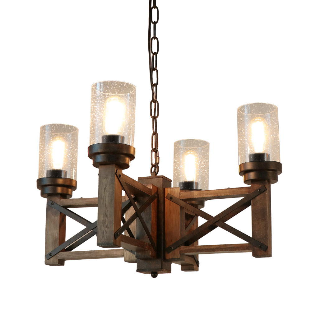 Anmytek Wood Farmhouse Rustic Chandelier 4 Lights with Glass Shades, 22.8 inches Industrial Dinning Table Pendant Lamp Vintage Edison Hanging Light Fixture, Brown & Black