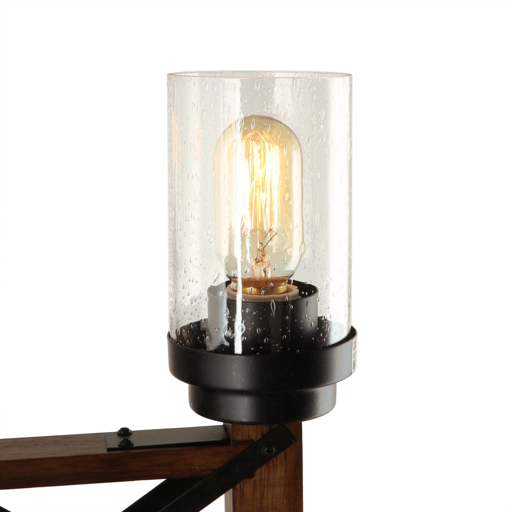 Anmytek Wood Farmhouse Rustic Chandelier 4 Lights with Glass Shades, 22.8 inches Industrial Dinning Table Pendant Lamp Vintage Edison Hanging Light Fixture, Brown & Black