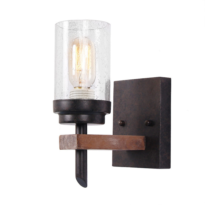 Anmytek Rustic Wood Wall Sconce with Seeded Glass Shade, Vintage Industrial Hardwire Bathroom Light Log Cabin Home Retro Edison Wall Light Fixtures 1-Light, Black