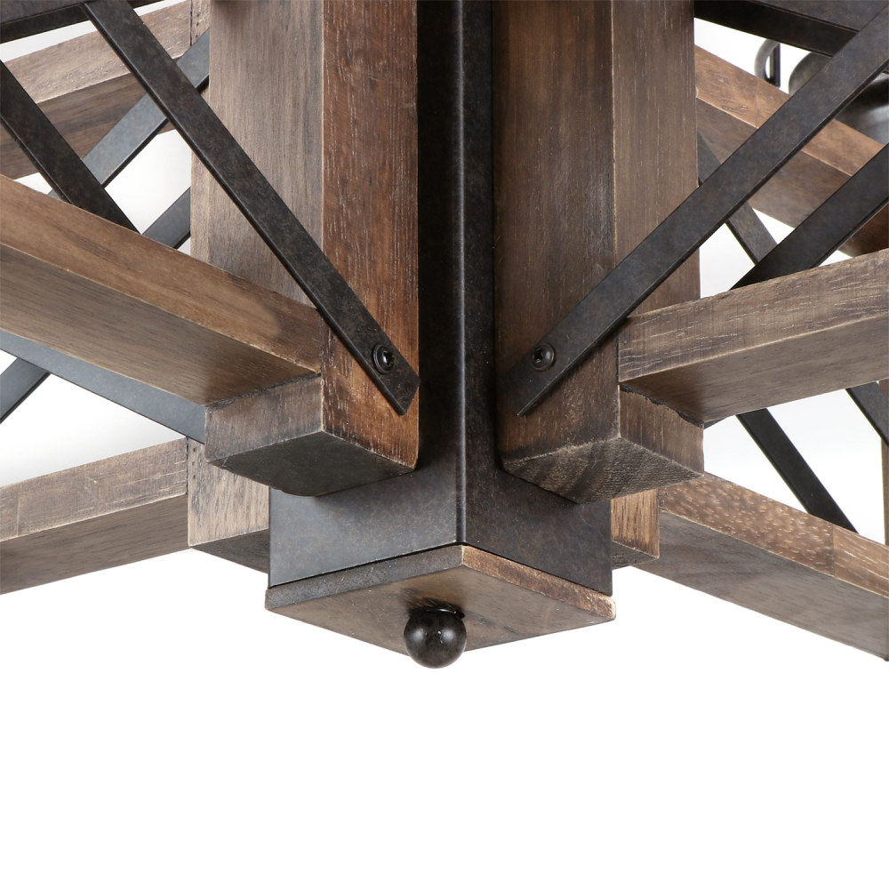 Anmytek Wood Farmhouse Rustic Chandelier 4 Lights with Glass Shades, 22.8 inches Industrial Dinning Table Pendant Lamp Vintage Edison Hanging Light Fixture, Brown & Black