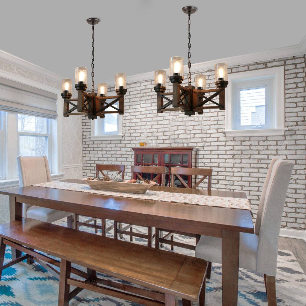 Anmytek Wood Farmhouse Rustic Chandelier 4 Lights with Glass Shades, 22.8 inches Industrial Dinning Table Pendant Lamp Vintage Edison Hanging Light Fixture, Brown & Black