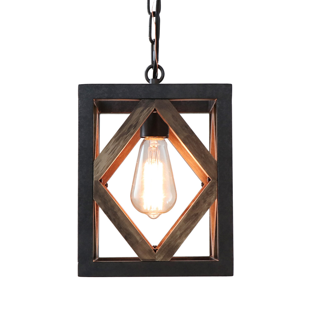 Anmytek 1 Light Metal Frame Wood Farmhouse Kitchen Pendant Light, 7.8" L Industrial Rustic Chandelier Lamp Vintage Edison Ceiling Island Lighting Fixture, Brown & Black