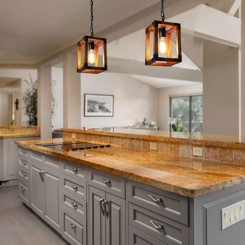 Anmytek Wood Pendant Light Rustic Farmhouse Hanging Light Fixture with Adjustable Chain for Kitchen Island