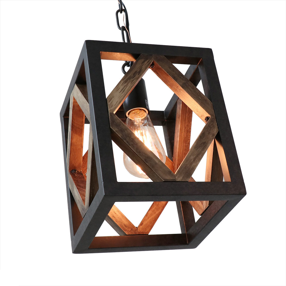 Anmytek 1 Light Metal Frame Wood Farmhouse Kitchen Pendant Light, 7.8" L Industrial Rustic Chandelier Lamp Vintage Edison Ceiling Island Lighting Fixture, Brown & Black