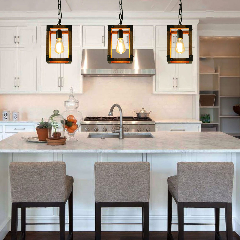 Anmytek Wood Pendant Light Rustic Farmhouse Hanging Light Fixture with Adjustable Chain for Kitchen Island