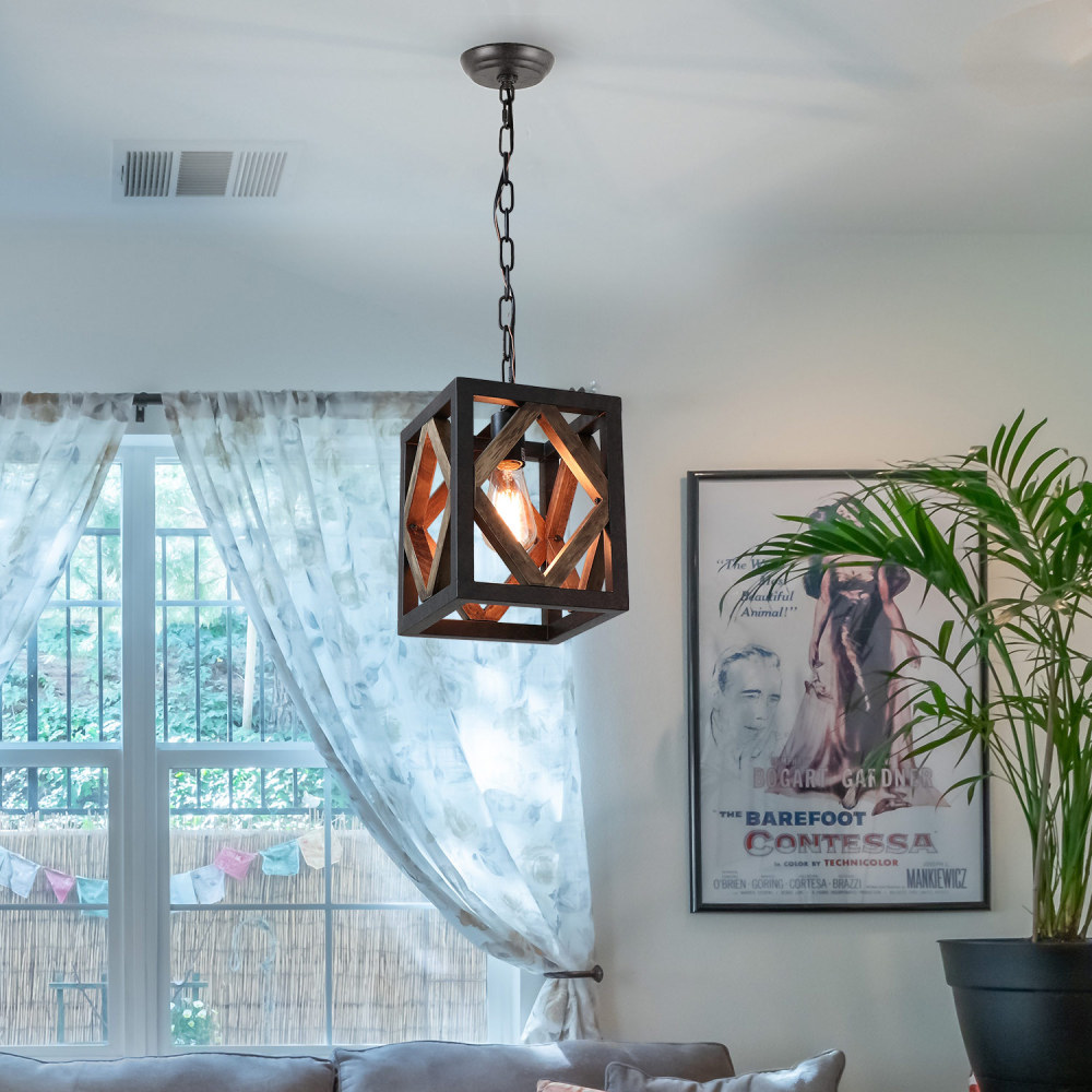 Anmytek 1 Light Metal Frame Wood Farmhouse Kitchen Pendant Light, 7.8" L Industrial Rustic Chandelier Lamp Vintage Edison Ceiling Island Lighting Fixture, Brown & Black