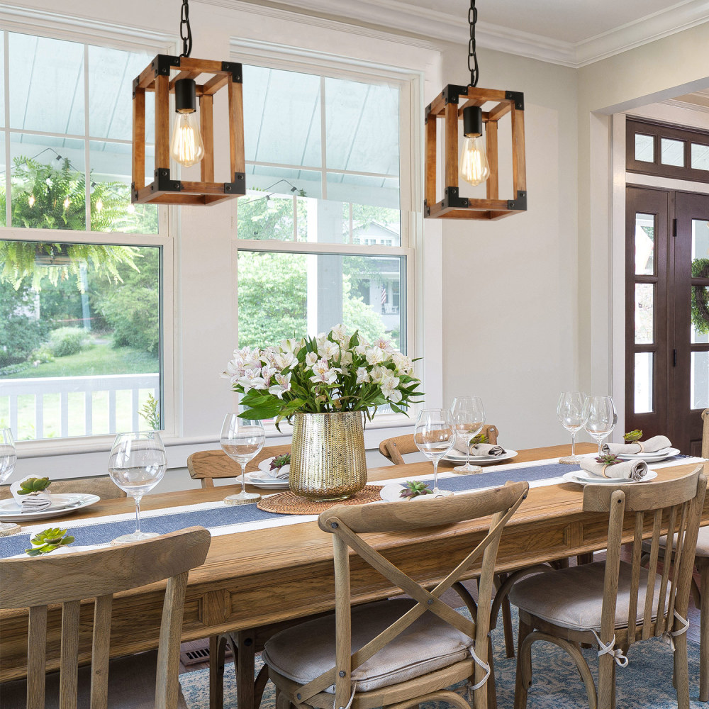 Anmytek Wood Pendant Light Rustic Farmhouse Hanging Light Fixture with Adjustable Chain for Kitchen Island