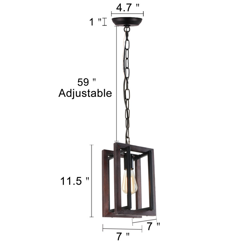 Anmytek Rustic Farmhouse Pendant Light Fixtures, 1-Light Industrial Metal Wood Chandelier with Adjustable Hanging Chain for Kitchen Island Dining Room Foyer Entryway