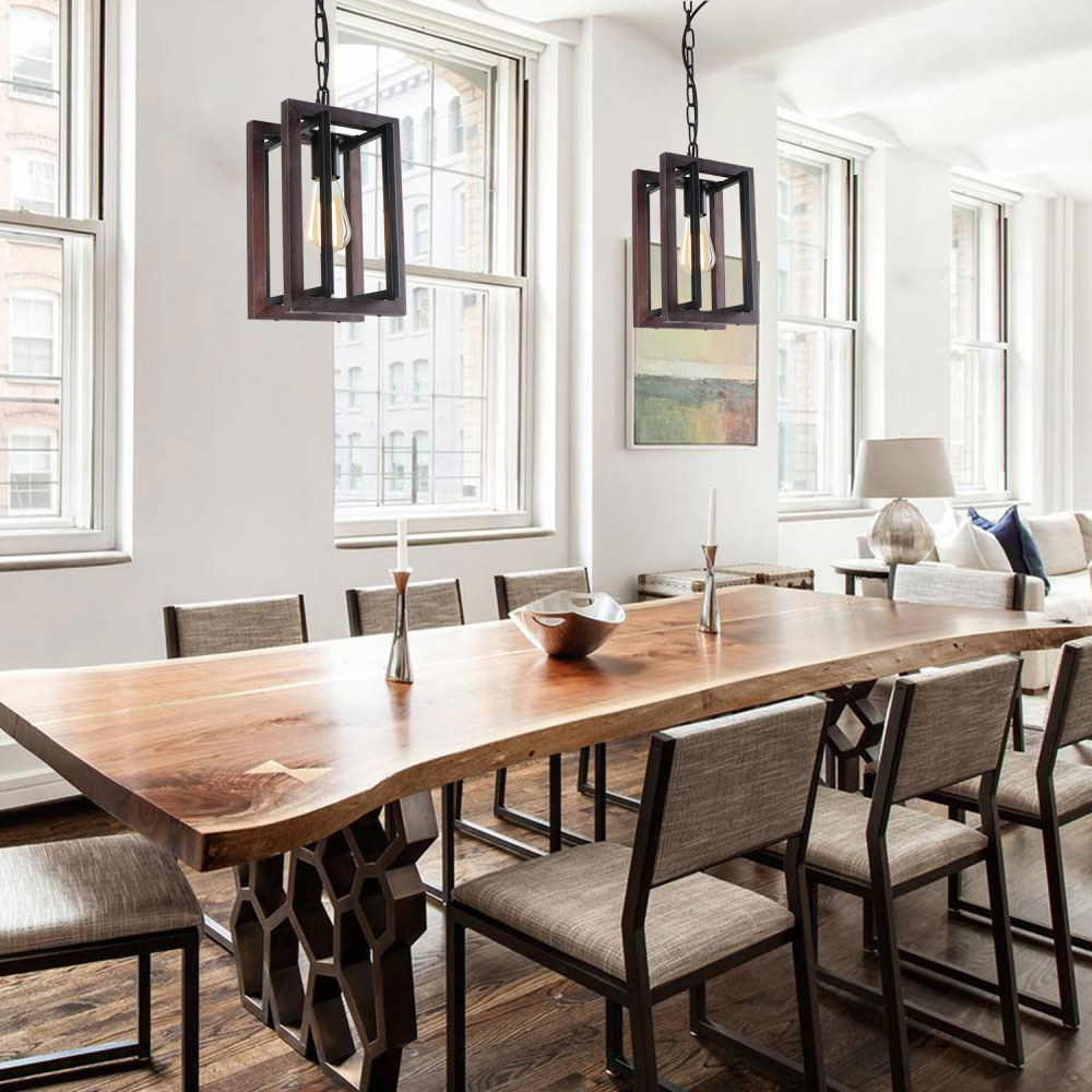 Anmytek Rustic Farmhouse Pendant Light Fixtures, 1-Light Industrial Metal Wood Chandelier with Adjustable Hanging Chain for Kitchen Island Dining Room Foyer Entryway