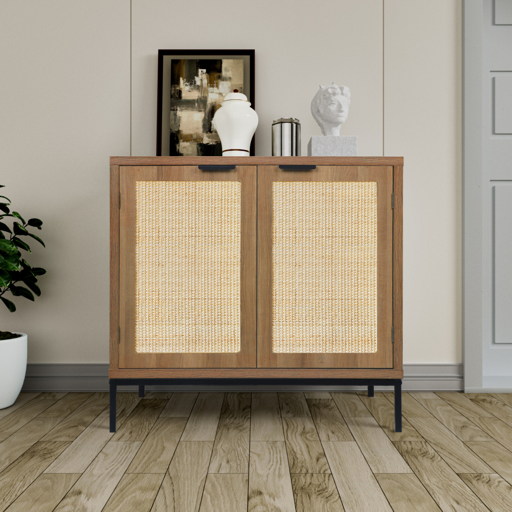 Anmytek Rustic Oak Accent Storage Cabinet with 2 Rattan Doors, Mid Century Natural Wood Sideboard Furniture for Living Room
