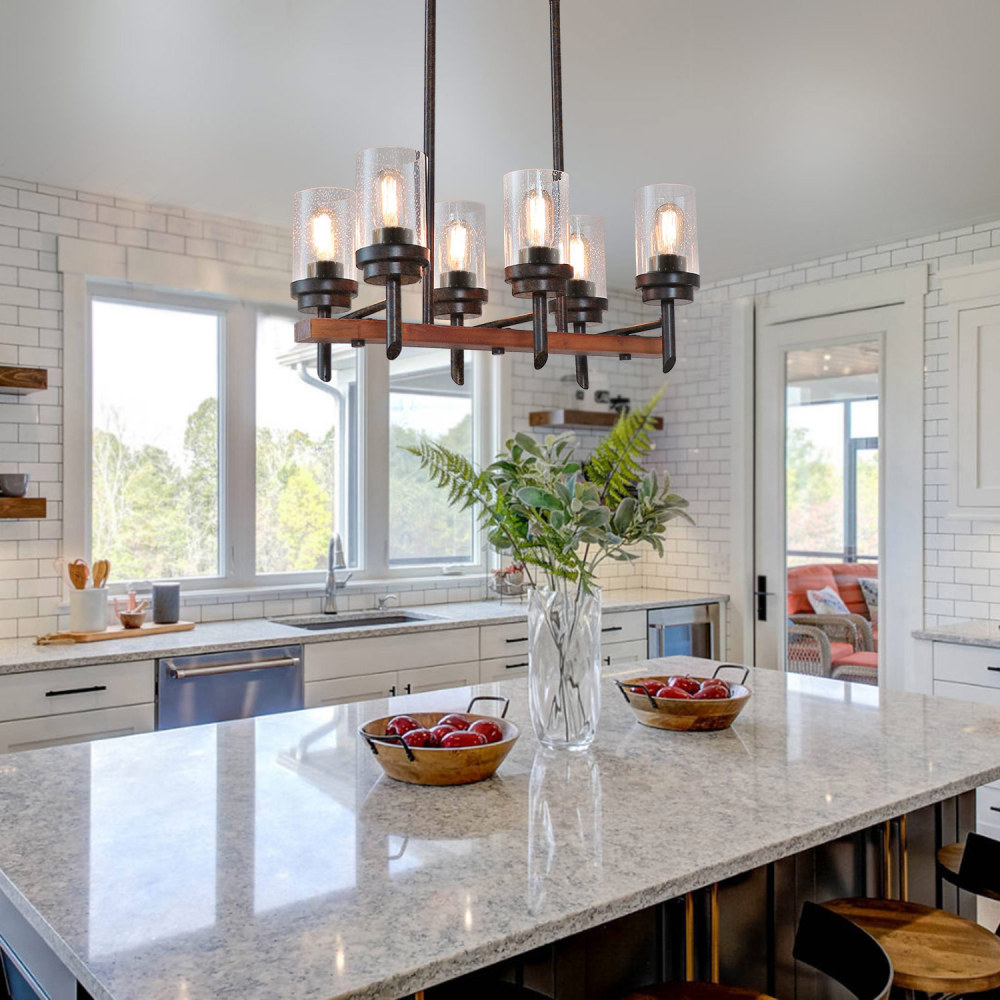 Anmytek Farmhouse Chandelier with Seeded Glass Retro Rustic Chandelier Edison Ceiling Hanging Light Fixtures 6-Light