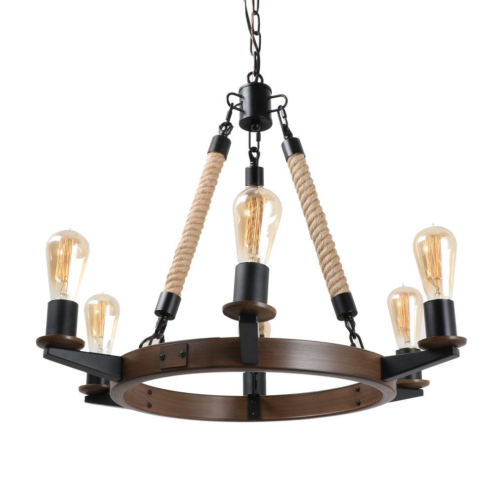 Anmytek 6-Light Rustic Wagon Wheel Chandelier, Farmhouse Metal Pendant Lighting Fixture with Hemp Rope for Kitchen Island Dining Room