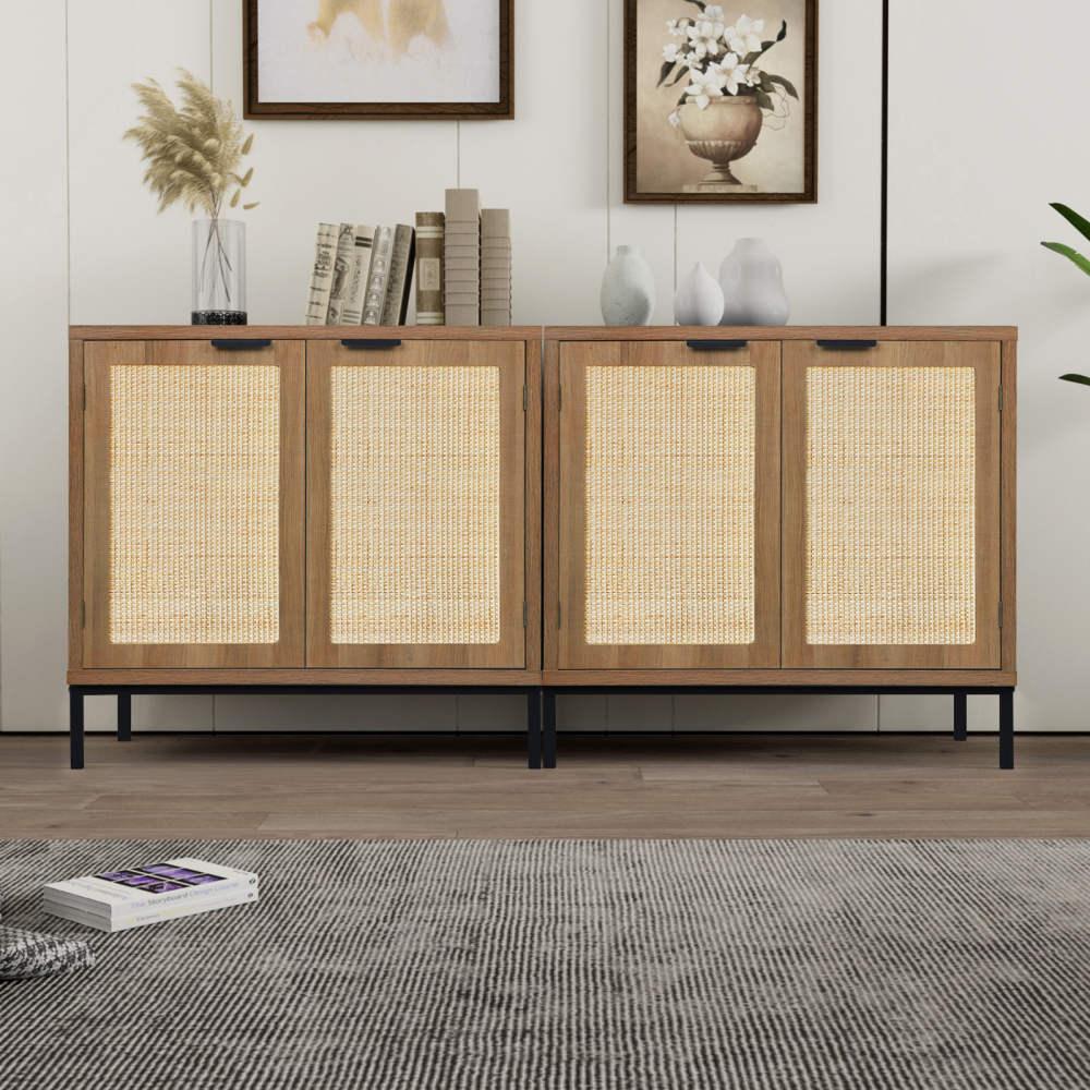 Anmytek Rustic Oak Accent Storage Cabinet with 2 Rattan Doors, Mid Century Natural Wood Sideboard Furniture for Living Room
