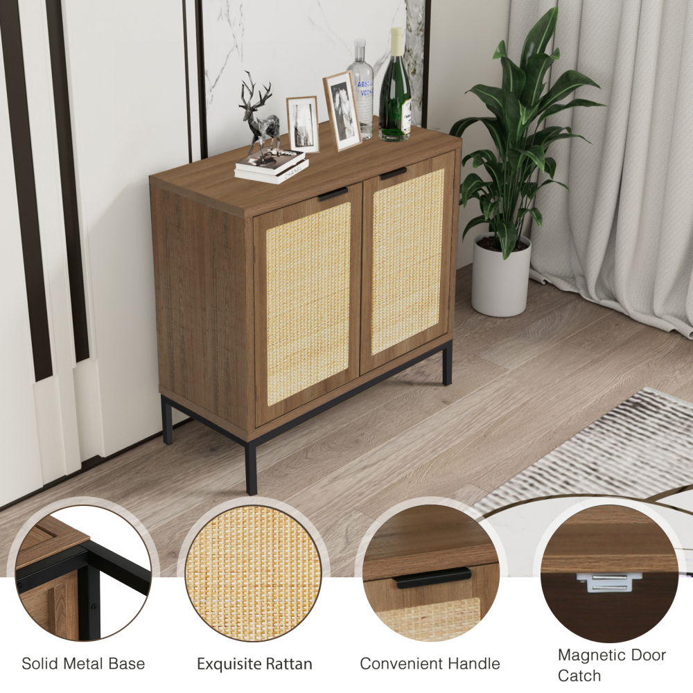 Anmytek Rustic Oak Accent Storage Cabinet with 2 Rattan Doors, Mid Century Natural Wood Sideboard Furniture for Living Room