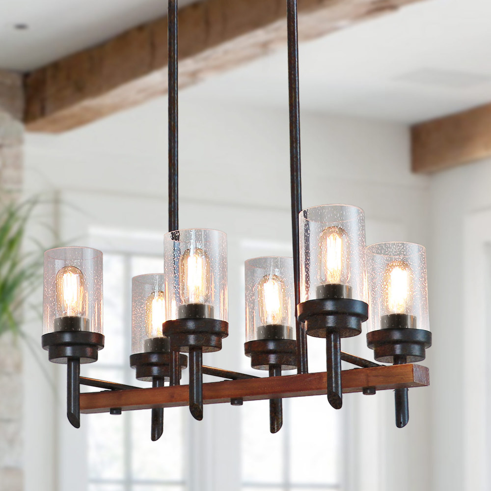 Anmytek Farmhouse Chandelier with Seeded Glass Retro Rustic Chandelier Edison Ceiling Hanging Light Fixtures 6-Light