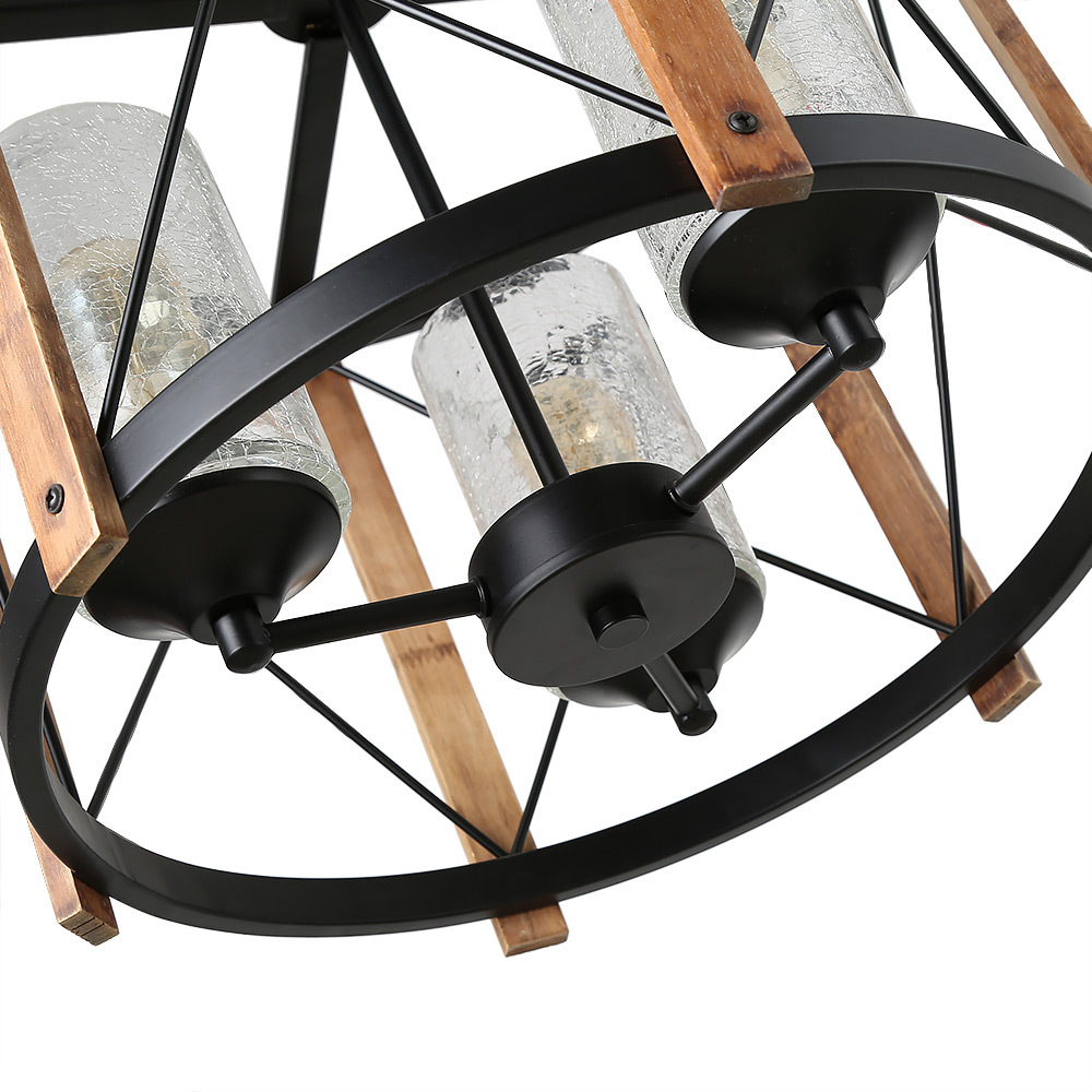 Anmytek Wood Farmhouse Rustic Chandelier with Crack Finish Glass Shade, 3 Lights Vintage Industrial Hanging Light for Dinning Room