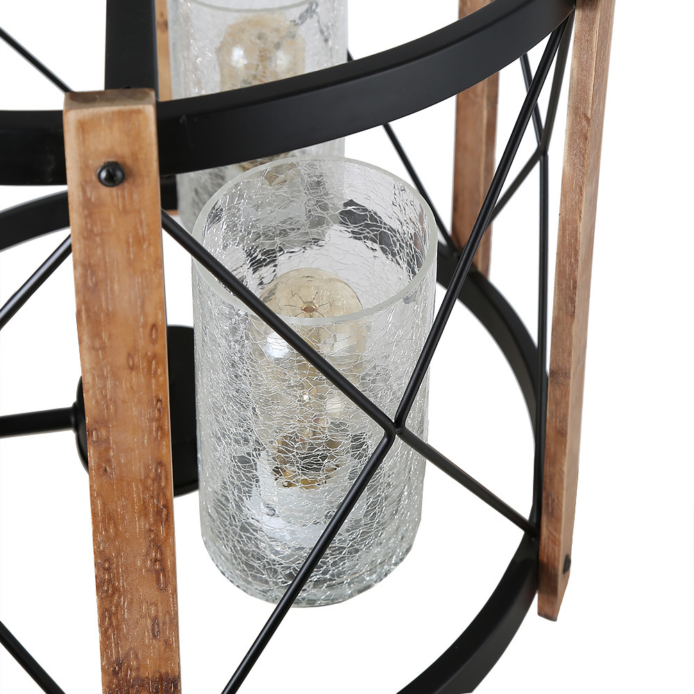 Anmytek Wood Farmhouse Rustic Chandelier with Crack Finish Glass Shade, 3 Lights Vintage Industrial Hanging Light for Dinning Room