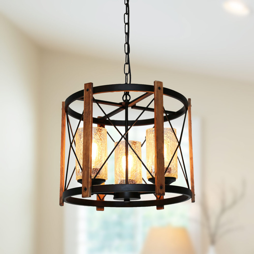 Anmytek Wood Farmhouse Rustic Chandelier with Crack Finish Glass Shade, 3 Lights Vintage Industrial Hanging Light for Dinning Room