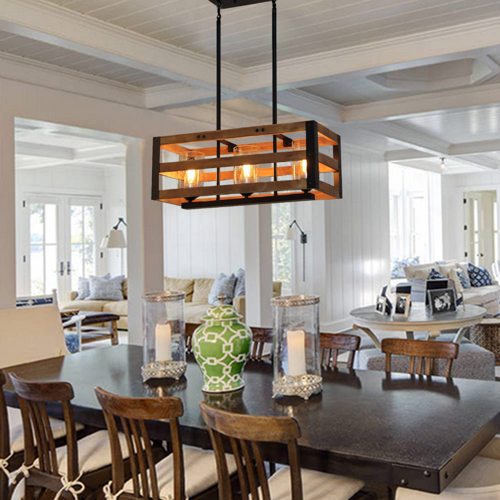 Anmytek Christmas Modern Farmhouse Chandeliers for Dining Room 3-Light Rustic Wood Edison Pendant Light Over The Dining Table Kitchen Island Entryway Chandelier