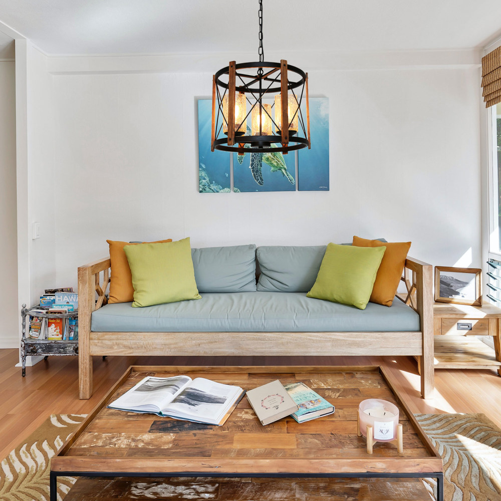 Anmytek Wood Farmhouse Rustic Chandelier with Crack Finish Glass Shade, 3 Lights Vintage Industrial Hanging Light for Dinning Room