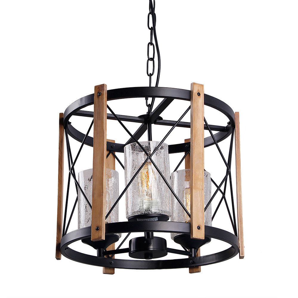 Anmytek Wood Farmhouse Rustic Chandelier with Crack Finish Glass Shade, 3 Lights Vintage Industrial Hanging Light for Dinning Room