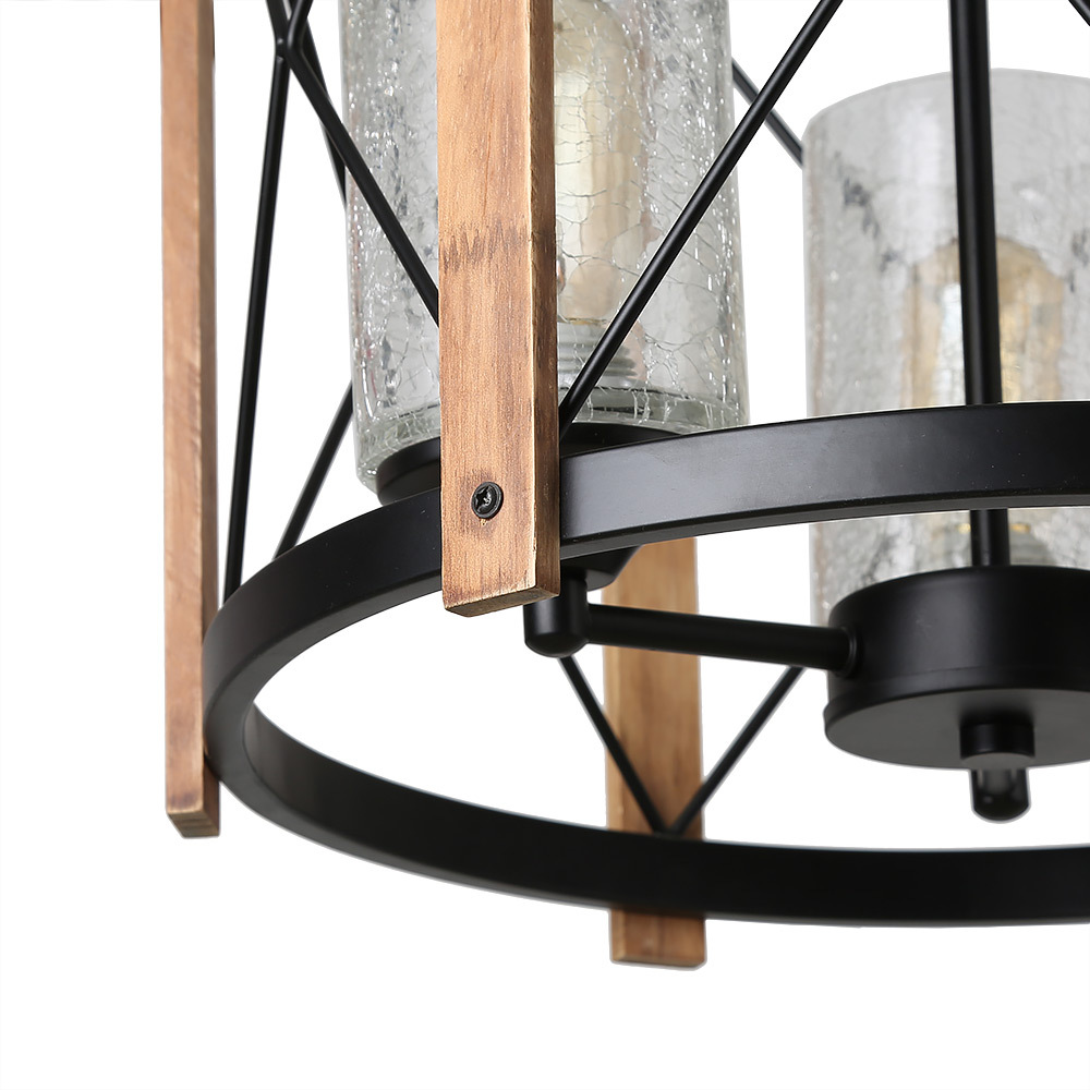 Anmytek Wood Farmhouse Rustic Chandelier with Crack Finish Glass Shade, 3 Lights Vintage Industrial Hanging Light for Dinning Room