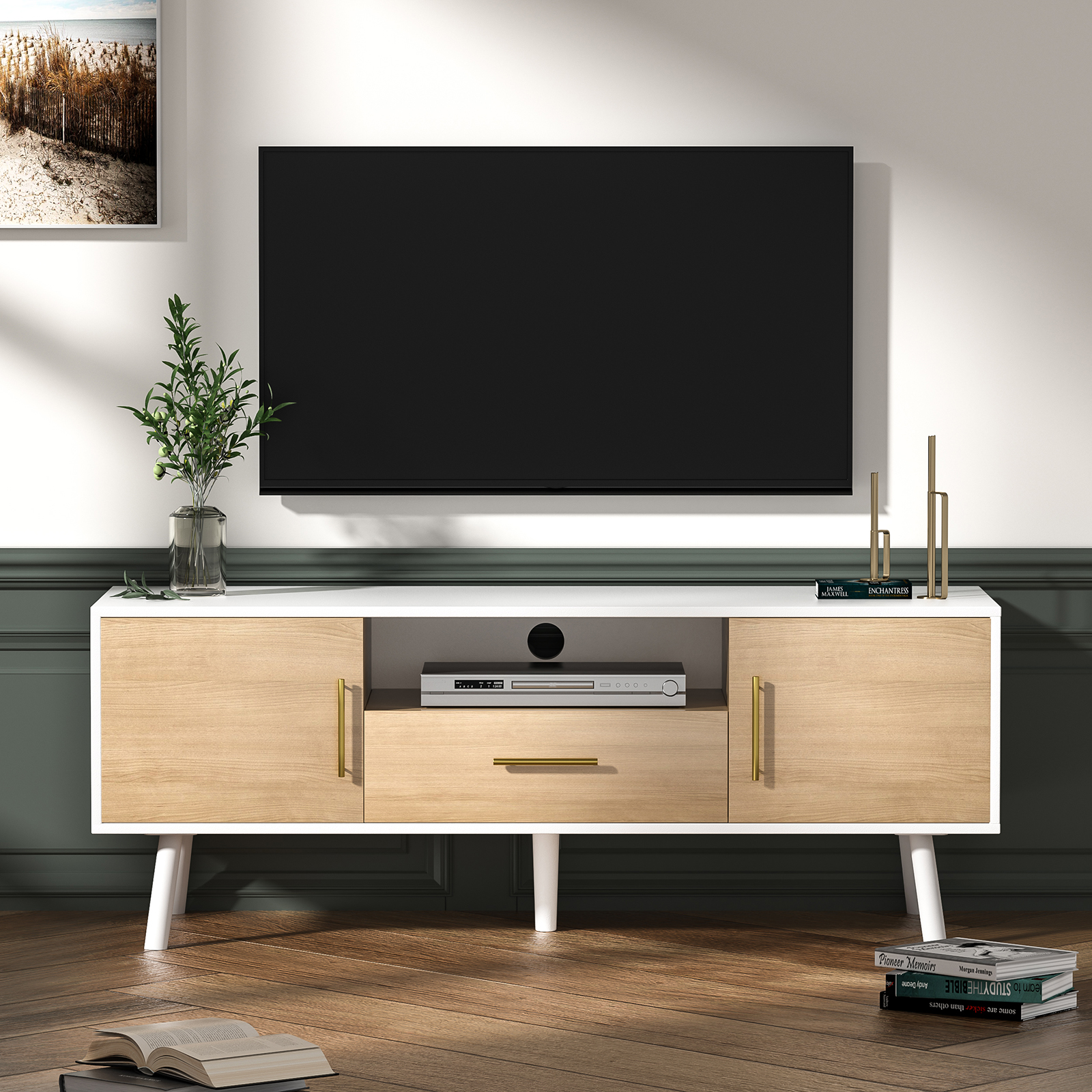 Anmytek Modern TV Stand 55 inch, Media TV Console Table with Drawer