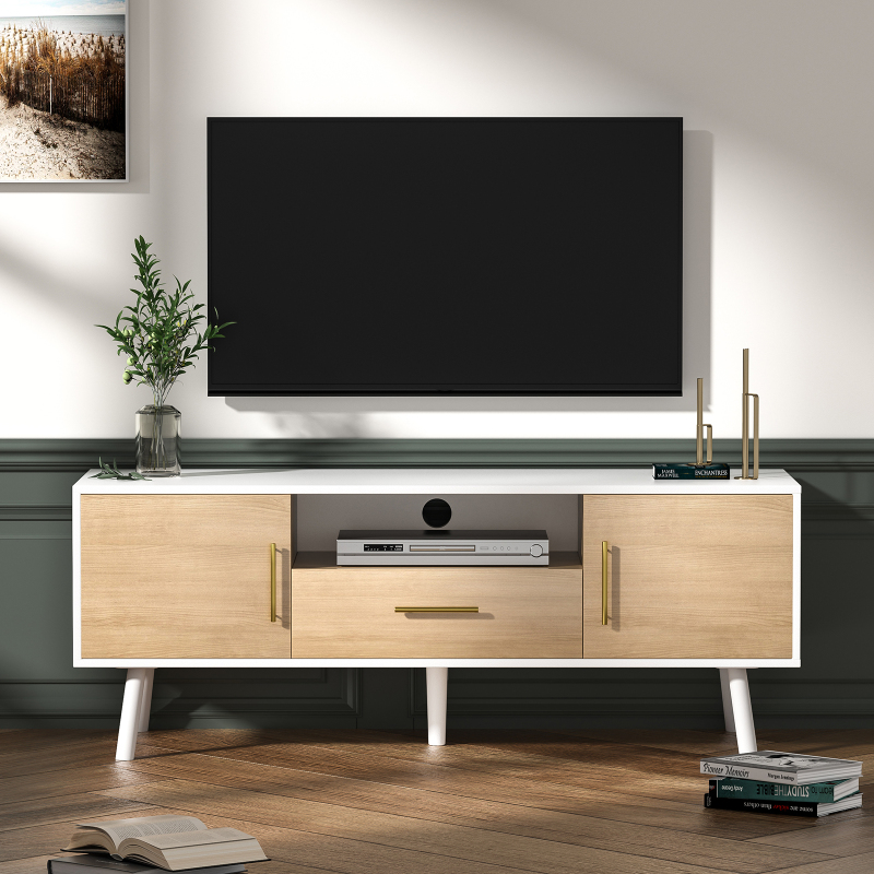 Anmytek Modern TV Stand for TVs up to 55 inch, Entertainment Center with Storage Cabinet and Drawer, TV Stand for Living Room TV Table Stand in White and Oak Finish
