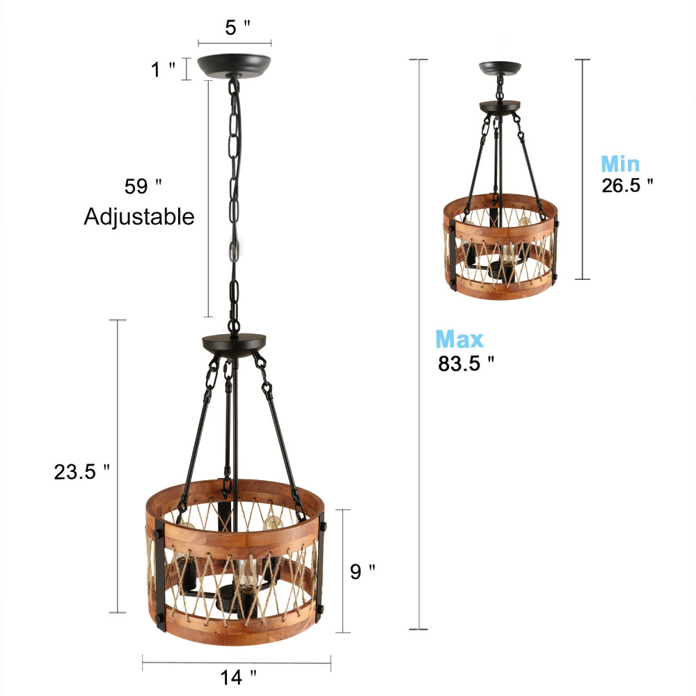 Anmytek Christmas Round Wooden Chandelier Over Dinning Table Farmhouse Drum Shape Robe Chandelier Light Fixture for Kitchen Island(3 Lights (No Need Glass Shade))