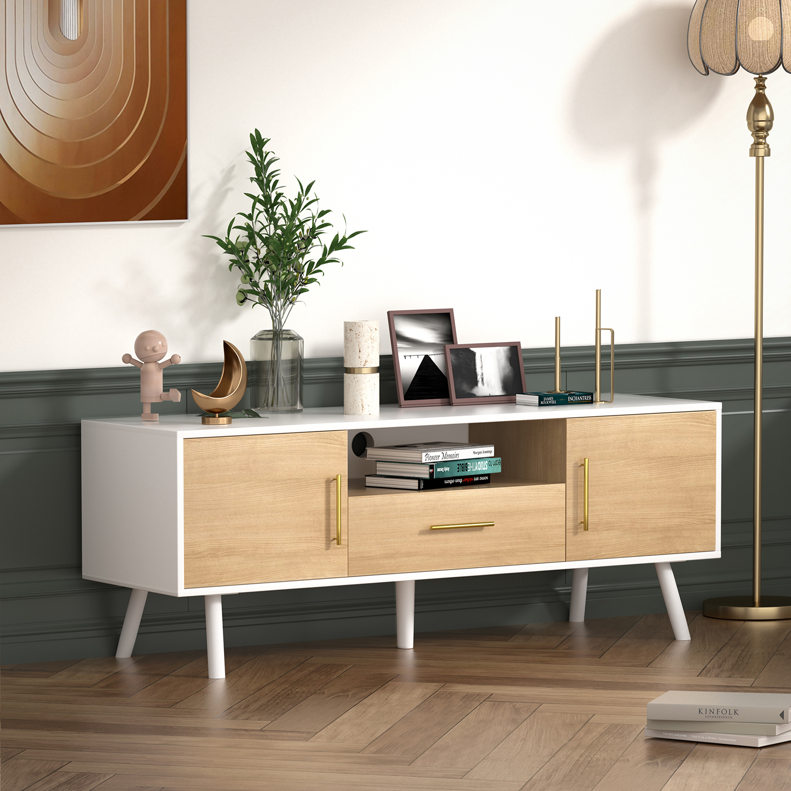 Anmytek Modern TV Stand for TVs up to 55 inch, Entertainment Center with Storage Cabinet and Drawer, TV Stand for Living Room TV Table Stand in White and Oak Finish
