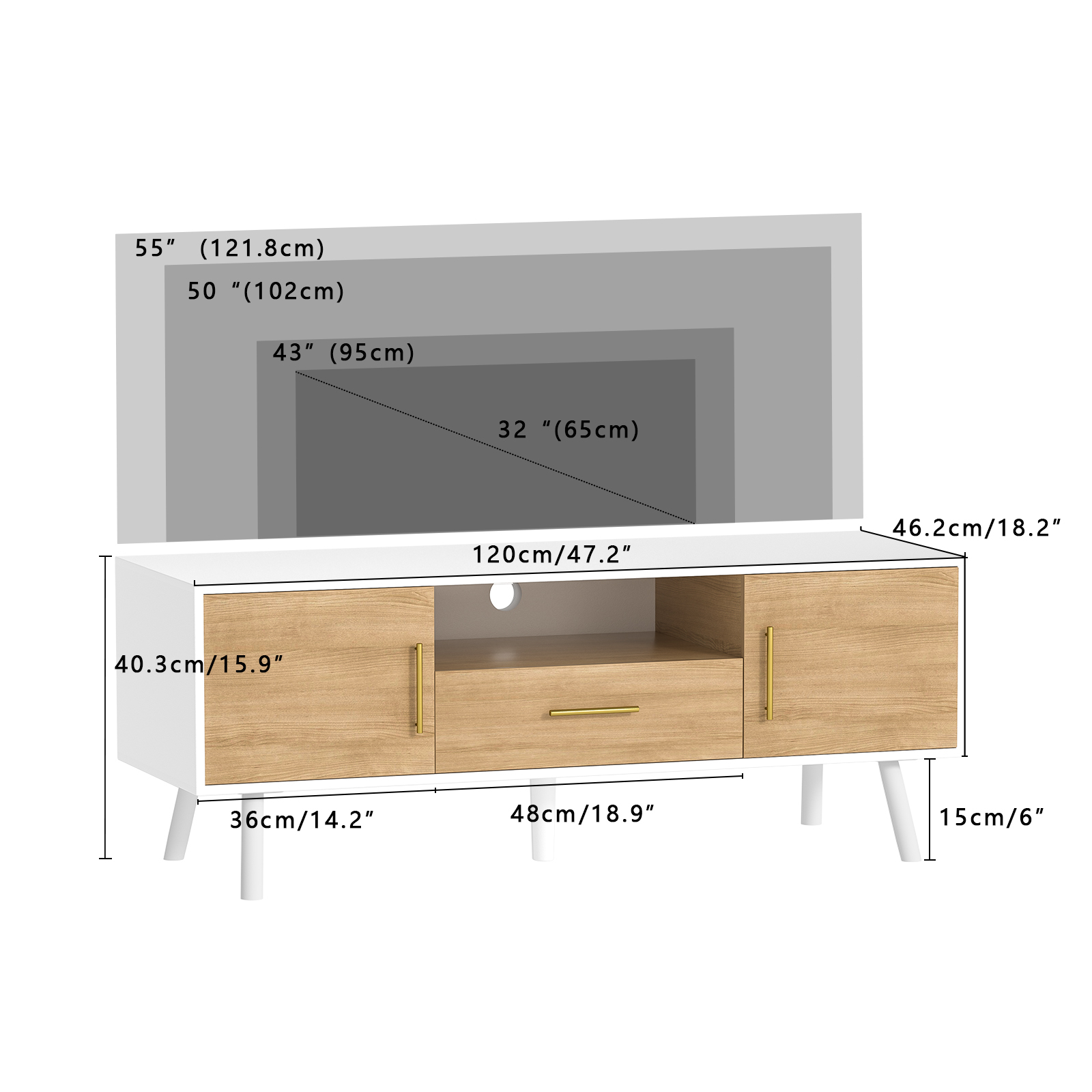 Anmytek Modern TV Stand for TVs up to 55 inch, Entertainment Center with Storage Cabinet and Drawer, TV Stand for Living Room TV Table Stand in White and Oak Finish