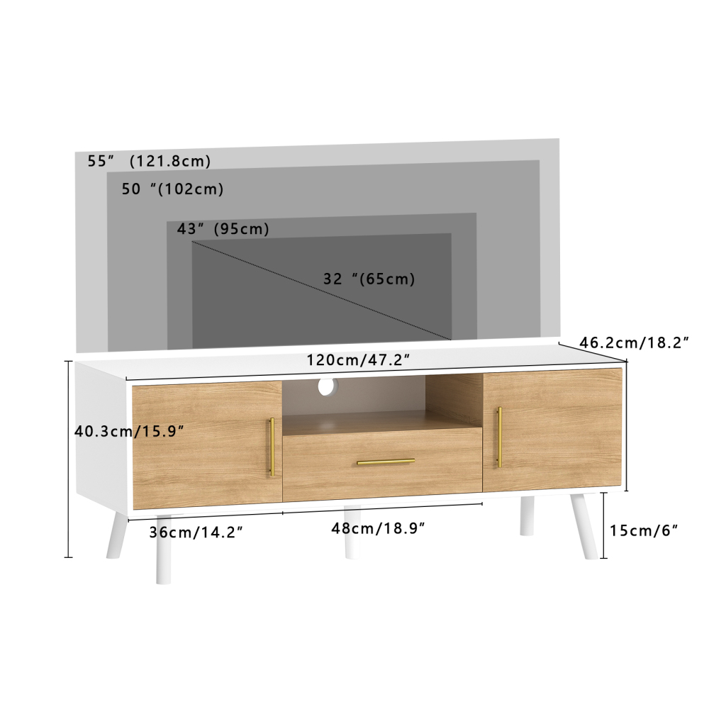 Anmytek Modern TV Stand for TVs up to 55 inch, Entertainment Center with Storage Cabinet and Drawer, TV Stand for Living Room TV Table Stand in White and Oak Finish